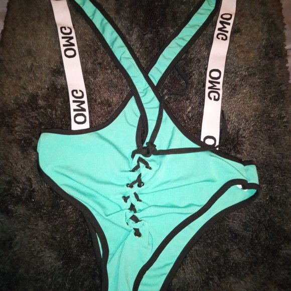 Cute & Sexy one-piece Black/Teal/White swimsuit, size m - Picture 1 of 3